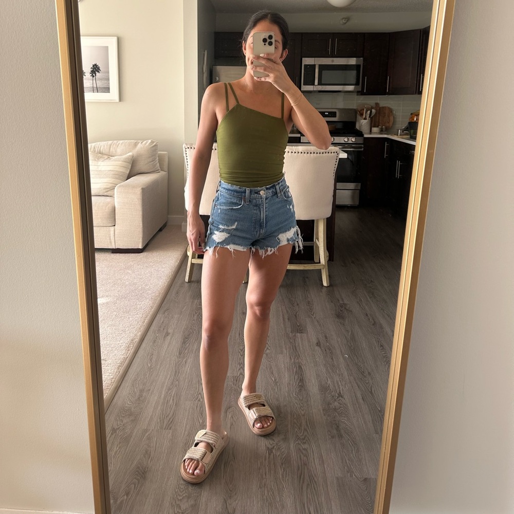 Superdown bodysuit with asymmetrical top and spaghetti straps